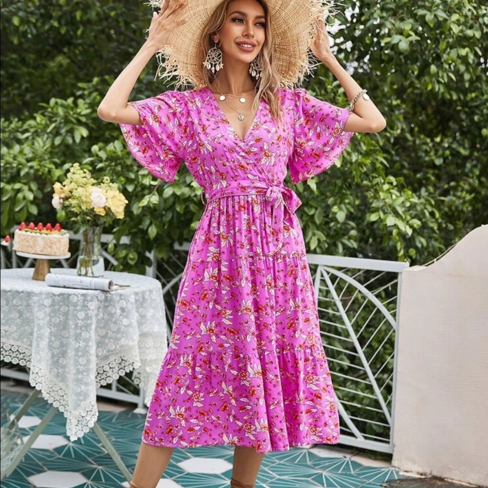 Boho floral print ruffle hem v neck belted dress - Picture 3 of 8